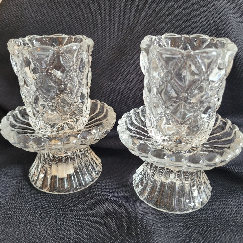 Partylite NIB Elegant 2 Piece Quilted Crystal Candle Holders Set Of Two